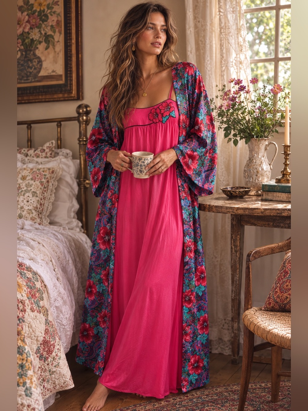 Vintage 1980s Lorraine Robe Nightgown Peignoir Set S M Red Purple Floral Paisley